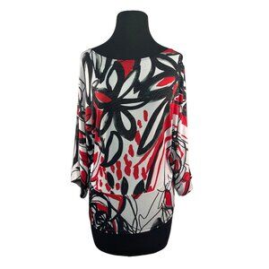 Abstract Print Dolman Sleeve Boatneck Top Red Black White Small Size
